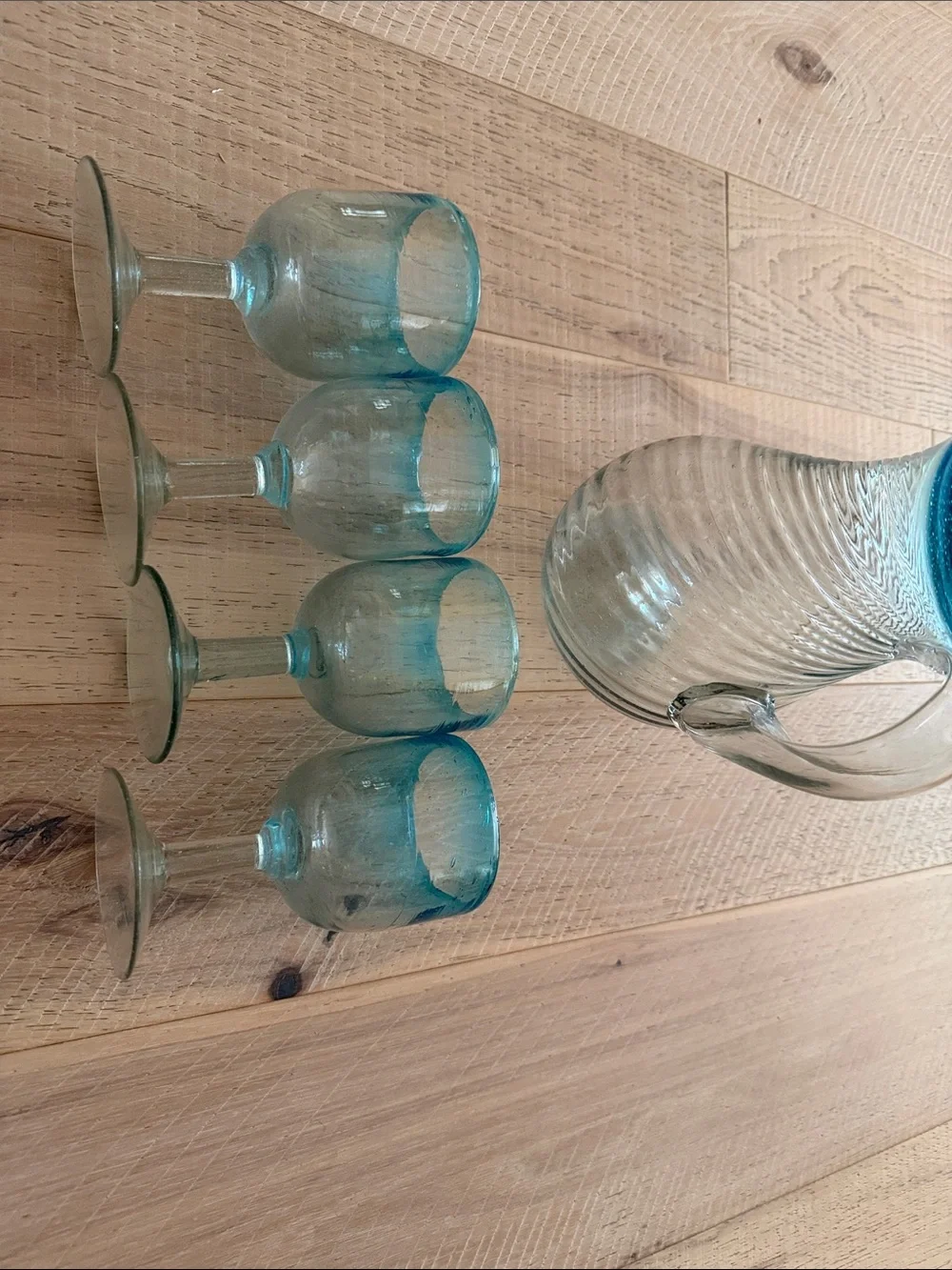 Clear Glass Pitcher and Goblet Set with Ocean Blue Rim - Home Dining